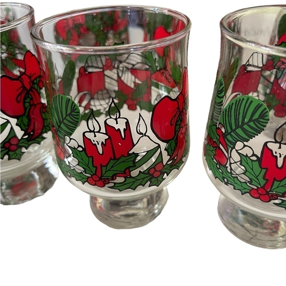 Christmas Low Ball Thick footed Glasses Holly Red ribbon Wreath candles green - Picture 5 of 6